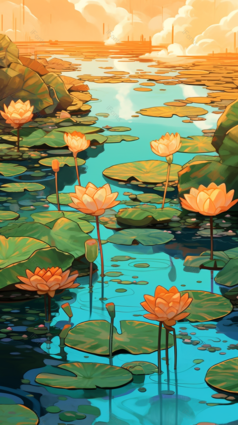 初升的太阳阳光下绿色的荷叶红色的荷花背景,插画/手绘图,插画/手绘图库,插画/手绘图下载,插画/手绘